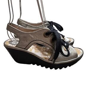 Fly London Ylfa Luna Metallic Leather Lace Up Slingback Wedge 38 7.5